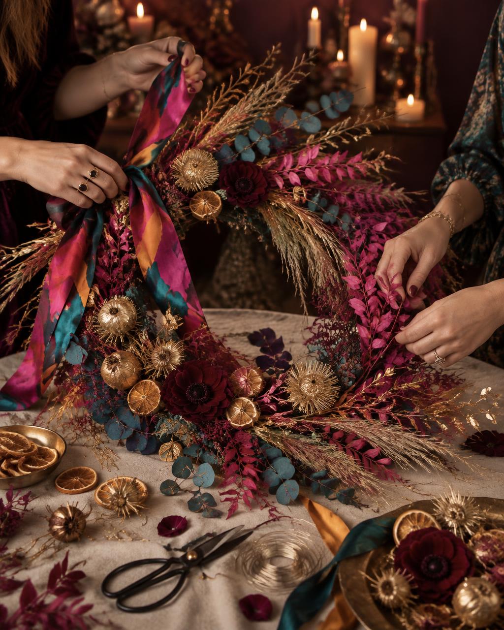 Hands arranging dyed pink foliage, gold thistles and printed silk ribbon into a contemporary colourful wreath on a candlelit table